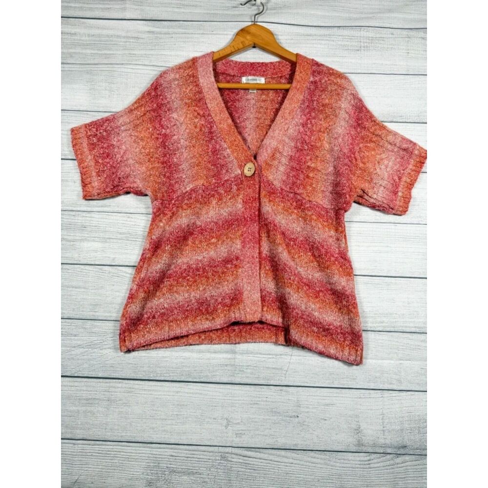 Dressbarn Womens M Pink Coral Marled Knit Short Sleeve Cardigan Sweater 4165